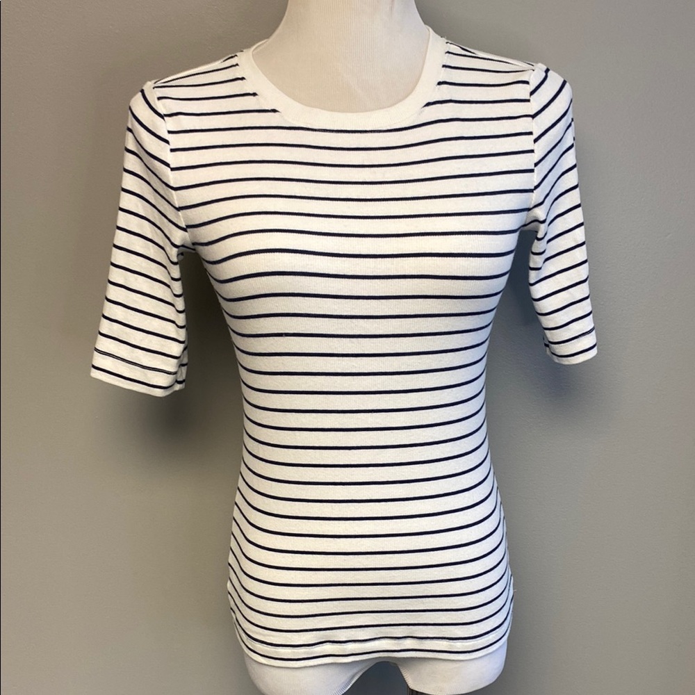LOFT Black and White Ribbed Fitted Short Sleeve Tee
